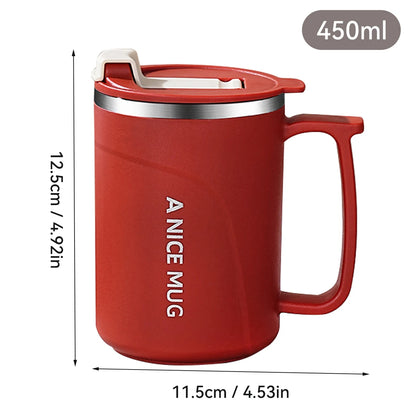 Mug isotherme rouge en acier inoxydable 304 de 450 ml avec poignée et couvercle, dimensions 12,5 cm de hauteur et 11,5 cm de largeur, design moderne et pratique.