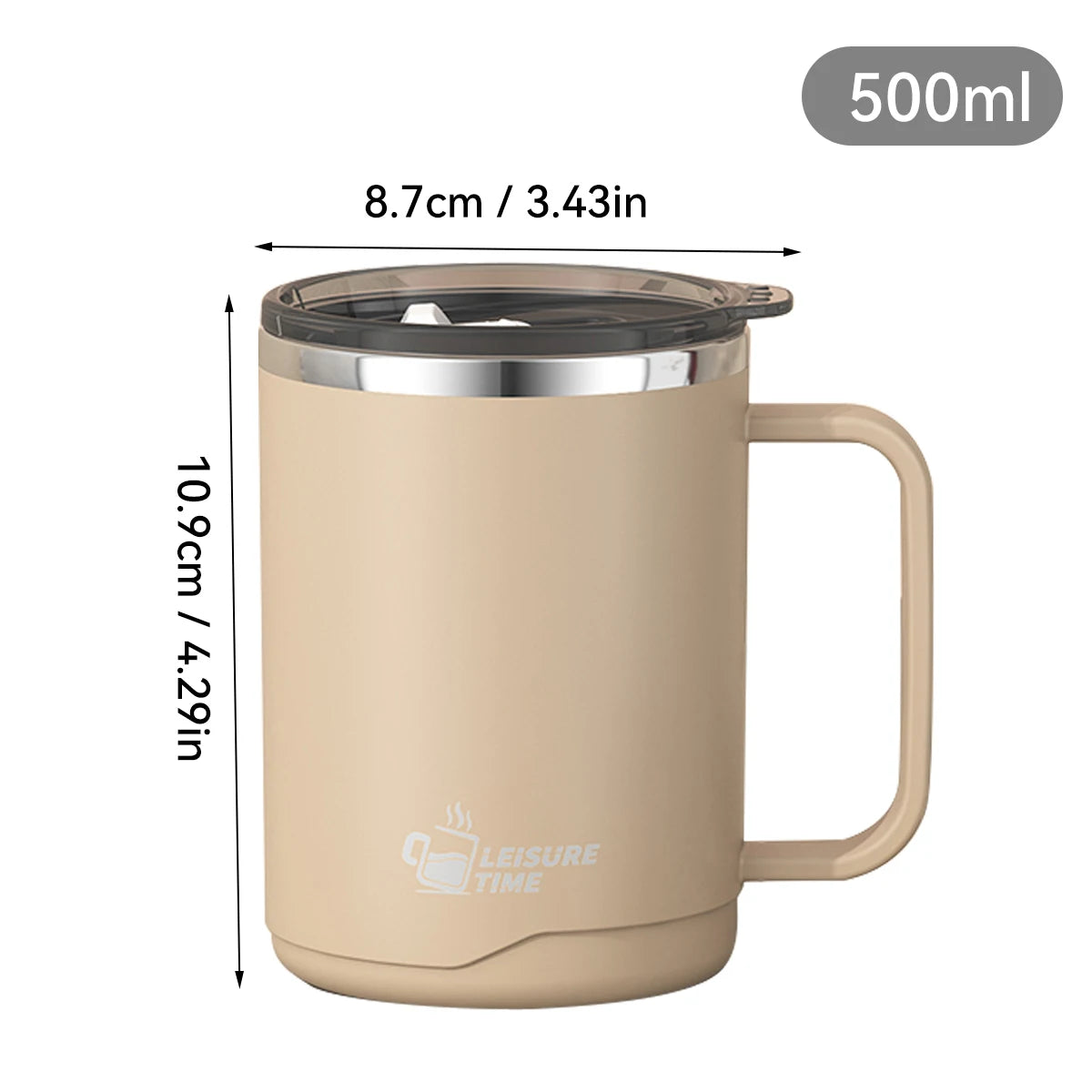 Mug isotherme beige en acier inoxydable 304 de 500 ml avec poignée et couvercle transparent, dimensions 10,9 cm de hauteur et 8,7 cm de diamètre, format compact et pratique.