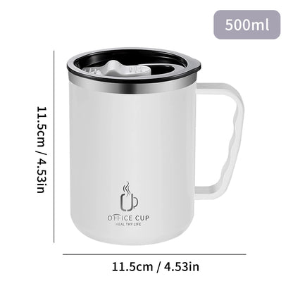 Mug isotherme blanc en acier inoxydable 304 de 500 ml avec poignée ergonomique et couvercle, dimensions 11,5 cm de hauteur et 11,5 cm de largeur, design moderne.