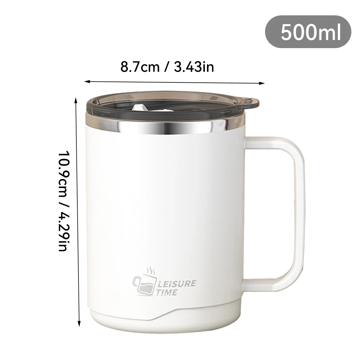 Mug isotherme blanc en acier inoxydable 304 de 500 ml avec poignée, dimensions 10,9 cm de hauteur et 8,7 cm de diamètre, format compact et pratique.