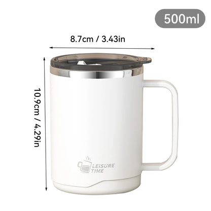 Mug isotherme blanc en acier inoxydable 304 de 500 ml avec poignée, dimensions 10,9 cm de hauteur et 8,7 cm de diamètre, format compact et pratique.