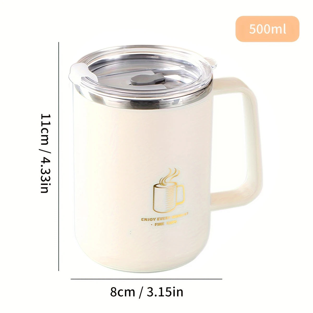 Mug isotherme en acier inoxydable 304 de 500 ml avec poignée et couvercle transparent, dimensions 11 cm de hauteur et 8 cm de diamètre, format compact et pratique.