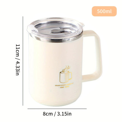 Mug isotherme en acier inoxydable 304 de 500 ml avec poignée et couvercle transparent, dimensions 11 cm de hauteur et 8 cm de diamètre, format compact et pratique.