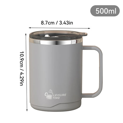 Mug isotherme gris en acier inoxydable 304 de 500 ml avec poignée et couvercle transparent, dimensions 10,9 cm de hauteur et 8,7 cm de diamètre, format compact et pratique.