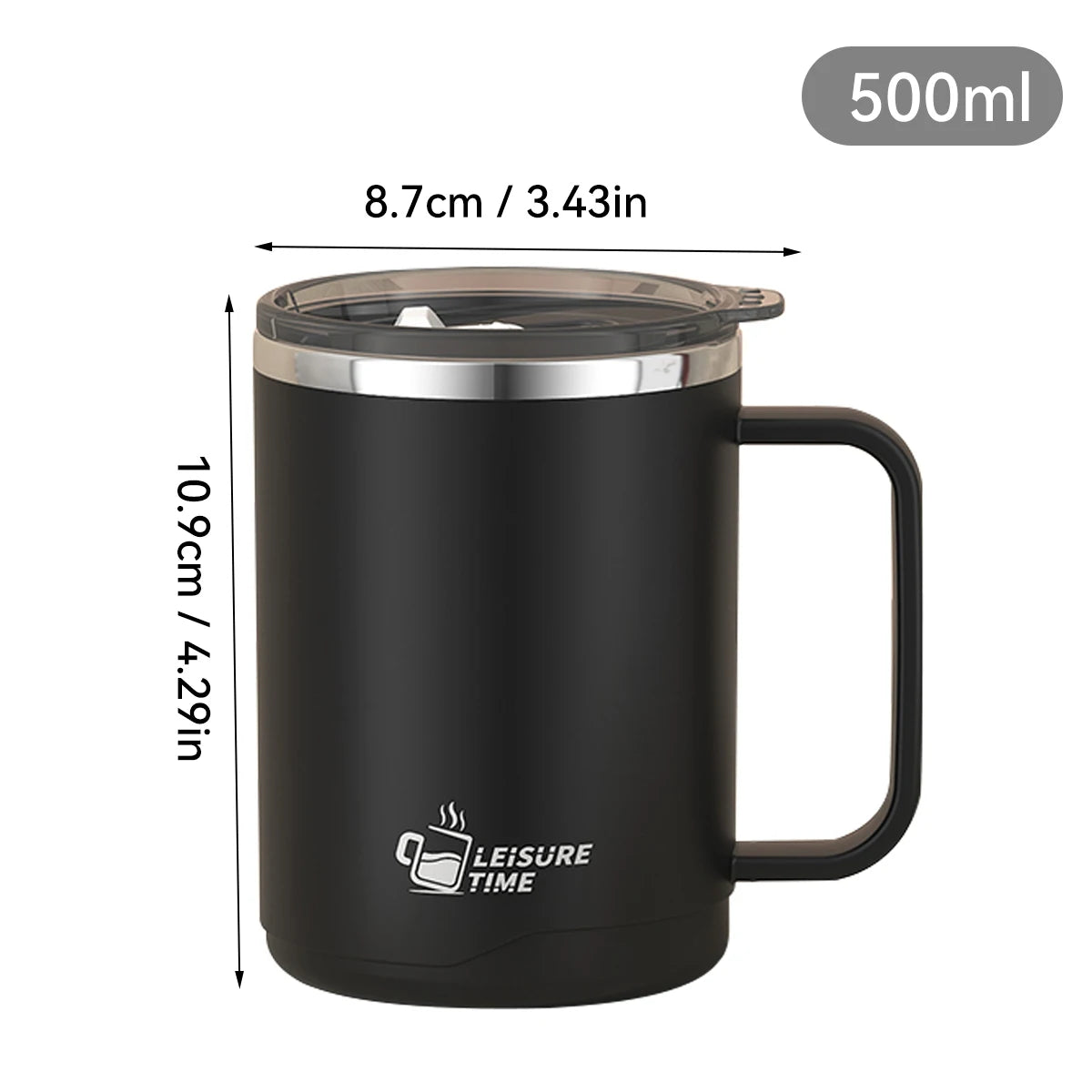 Mug isotherme noir en acier inoxydable 304 de 500 ml avec poignée et couvercle transparent, dimensions 10,9 cm de hauteur et 8,7 cm de diamètre, format compact et pratique.