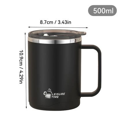 Mug isotherme noir en acier inoxydable 304 de 500 ml avec poignée et couvercle transparent, dimensions 10,9 cm de hauteur et 8,7 cm de diamètre, format compact et pratique.