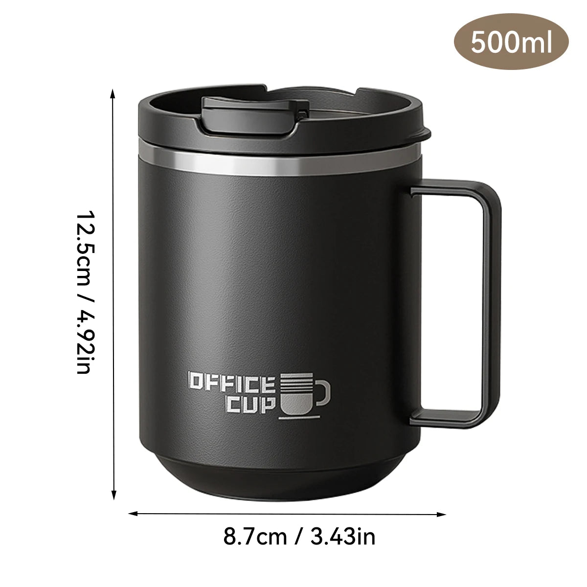 Mug isotherme noir en acier inoxydable 304 de 500 ml avec poignée et couvercle, dimensions 12,5 cm de hauteur et 8,7 cm de diamètre, design moderne et robuste.