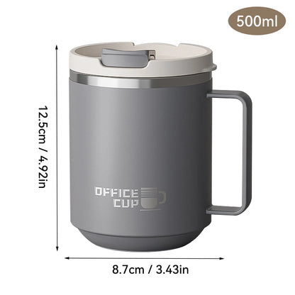 Mug isotherme en acier inoxydable 304 de 500 ml avec poignée, dimensions 12,5 cm de hauteur et 8,7 cm de diamètre, design compact et pratique.