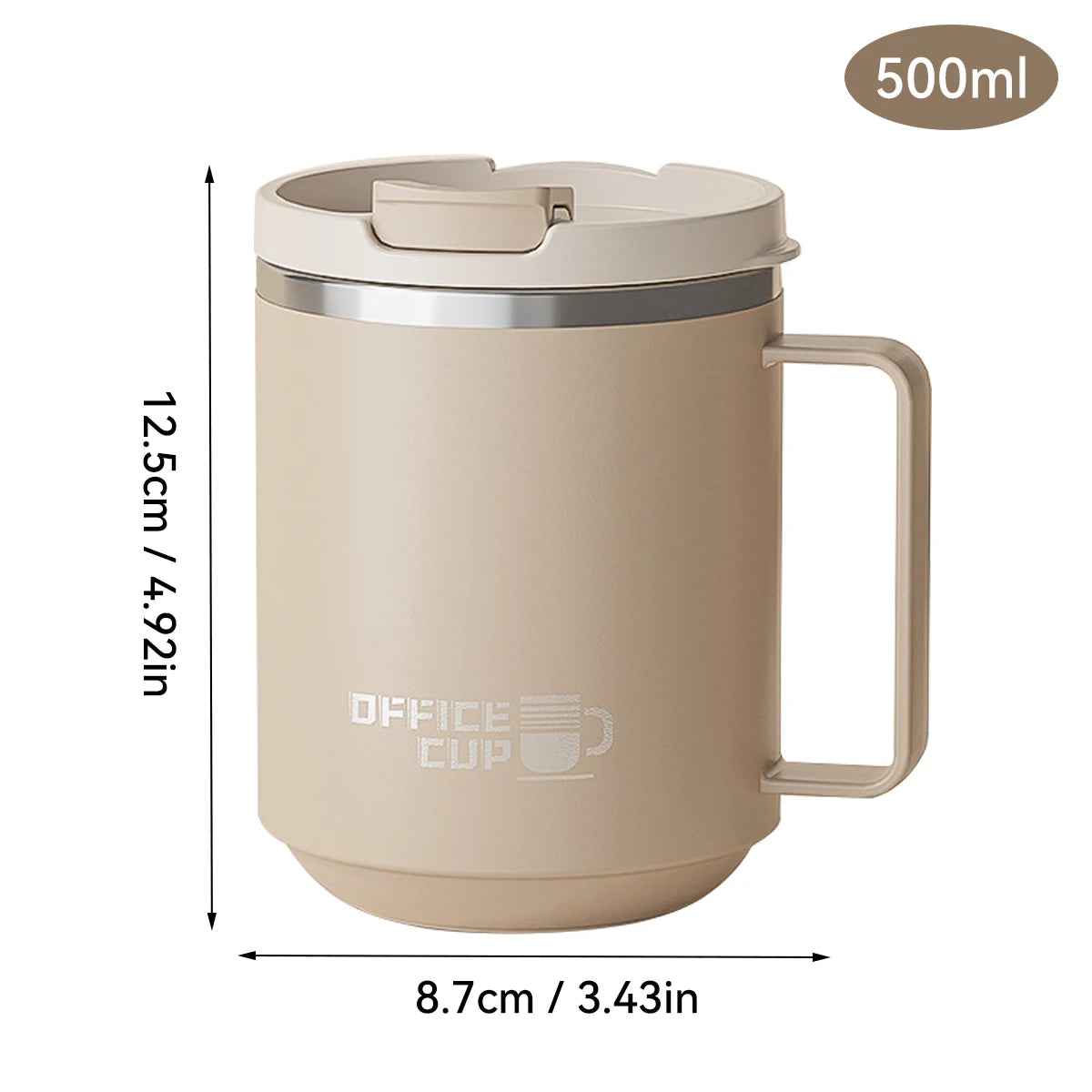 Mug isotherme beige en acier inoxydable 304 de 500 ml avec poignée et couvercle, dimensions 12,5 cm de hauteur et 8,7 cm de diamètre, design sobre et élégant.