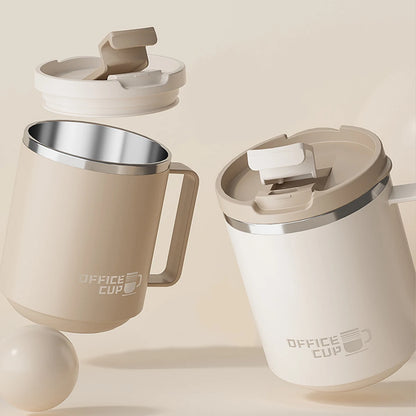 Mugs isothermes en acier inoxydable 304 à double paroi avec poignée et couvercle anti-fuite, design moderne, ouverture pratique pour boissons chaudes et froides.
