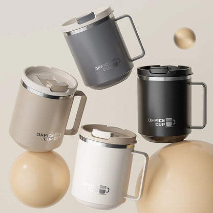 Ensemble de mugs isothermes en acier inoxydable 304 à double paroi avec poignée, disponibles en beige, blanc, gris et noir, design moderne et couvercle anti-fuite.