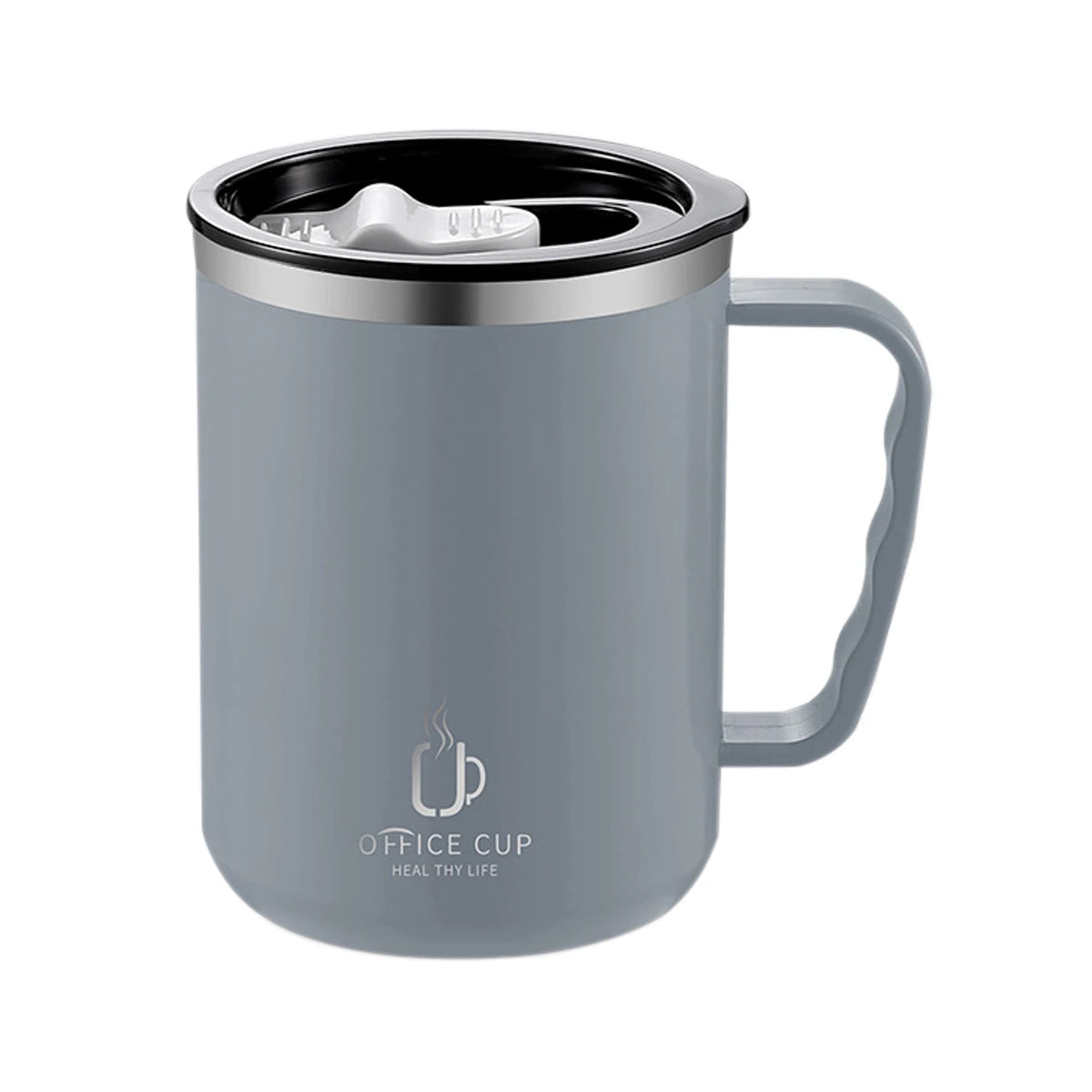 Mug isotherme gris en acier inoxydable 304 avec poignée ergonomique et couvercle, design moderne pour boissons chaudes et froides.