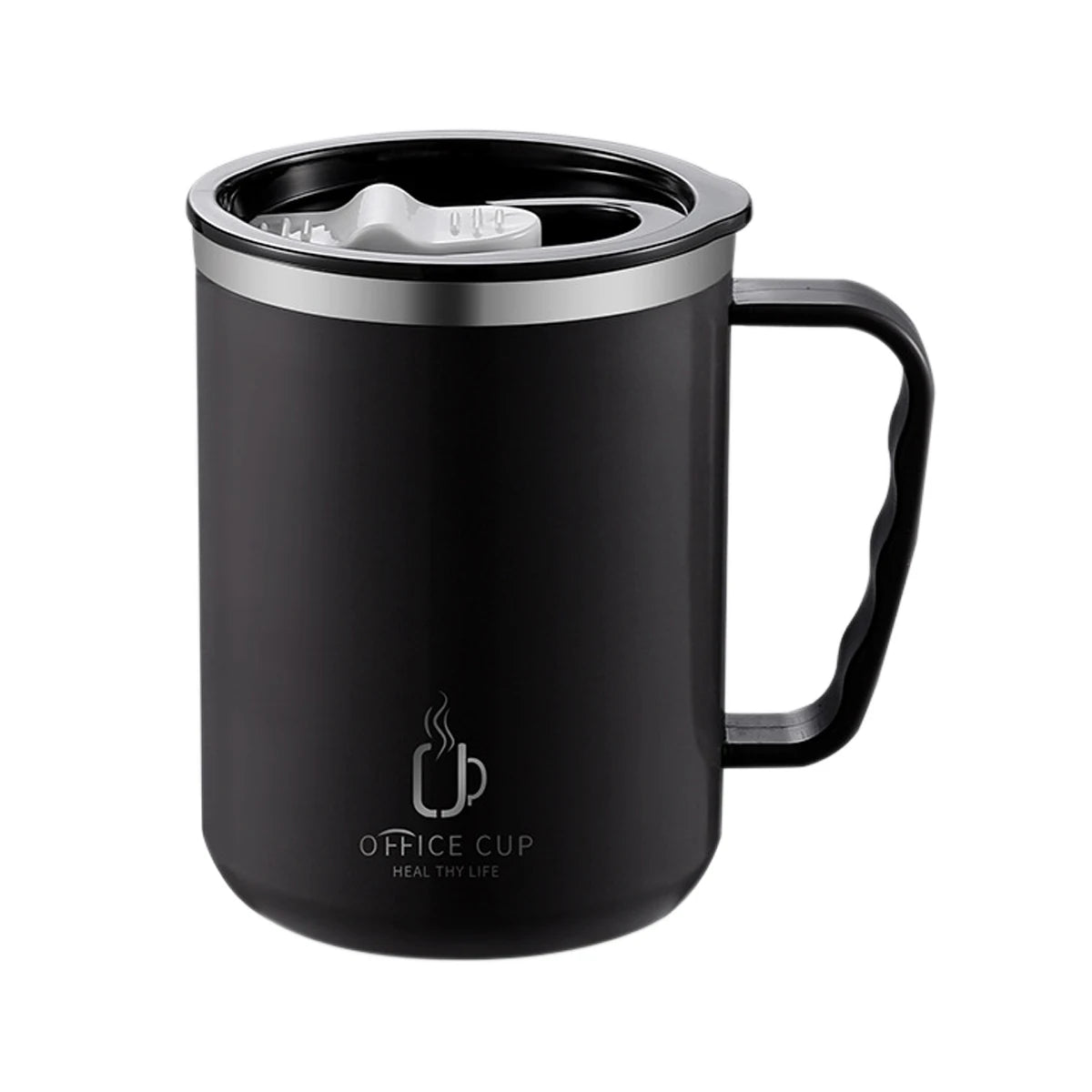 Mug isotherme noir en acier inoxydable 304 avec poignée ergonomique et couvercle, design sobre et moderne pour boissons chaudes et froides.