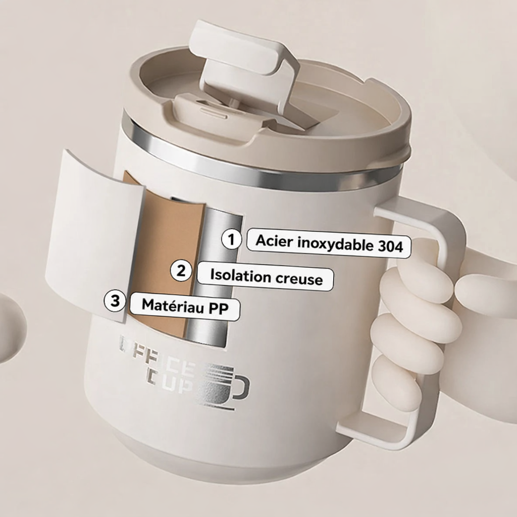 Schéma du mug isotherme à double paroi montrant la structure en acier inoxydable 304, l’isolation creuse et le matériau PP extérieur, pour une conservation optimale de la température.