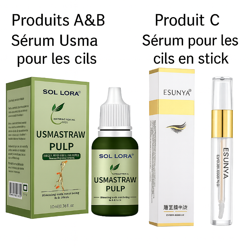 Présentation des produits A&B Usma pour les cils et du produit C Esunya en stick, avec les flacons et leurs boîtes alignés sur fond blanc