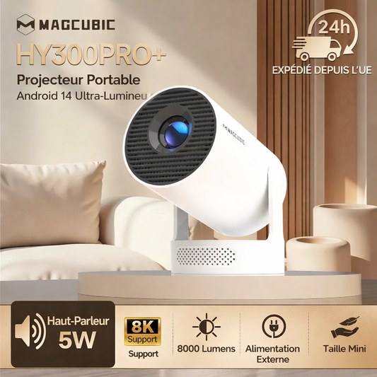 Projecteur portable Magcubic HY300 Pro+ Android 14 blanc avec support orientable, 8000 lumens, support 8K, haut-parleur 5W, design compact pour home cinéma