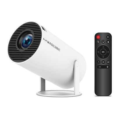 Projecteur portable Magcubic HY300 Pro+ Android 14 avec télécommande, design compact blanc, support orientable, idéal pour home cinéma et divertissement
