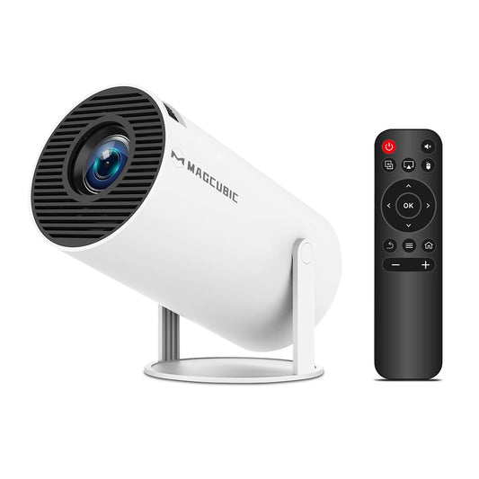 Projecteur portable Magcubic HY300 Pro+ Android 14 avec télécommande, design compact blanc, support orientable, idéal pour home cinéma et divertissement