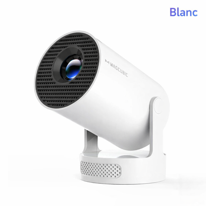 Projecteur portable Magcubic HY300 Pro+ blanc avec design compact, support orientable, idéal pour cinéma maison et divertissement