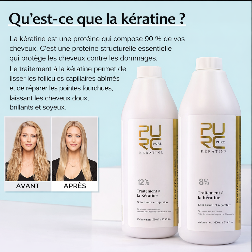 Présentation du traitement à la kératine PURC avec explication des bienfaits de la kératine et résultat avant/après sur les cheveux
