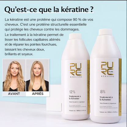 Présentation du traitement à la kératine PURC avec explication des bienfaits de la kératine et résultat avant/après sur les cheveux