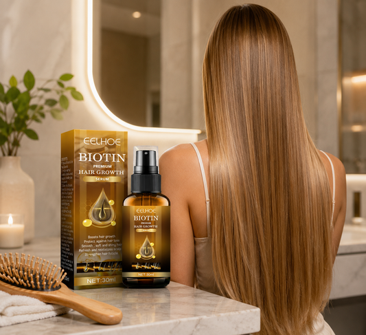Femme aux longs cheveux lisses blond foncé dans une salle de bain moderne avec le sérum EELHOE Biotin Premium Hair Growth Serum pour des cheveux brillants, doux et revitalisés.
