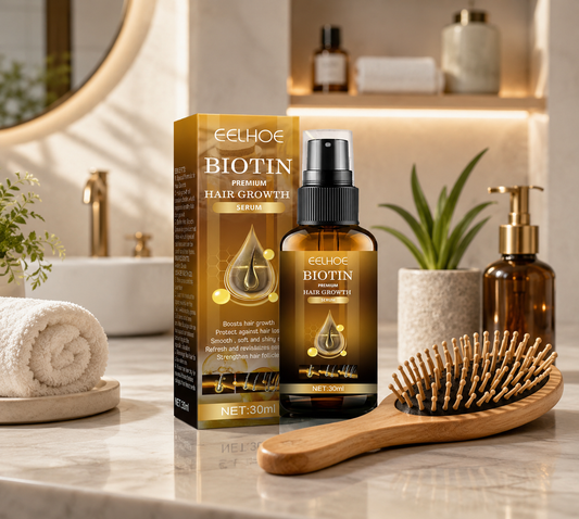 Sérum EELHOE Biotin Premium Hair Growth Serum présenté dans une salle de bain moderne avec une brosse en bois, pour favoriser des cheveux plus forts, brillants et en pleine santé.