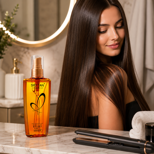 Sérum à la biotine EELHOE avec femme aux cheveux bruns longs, lisses et brillants, pour une chevelure plus forte, plus dense et éclatante.