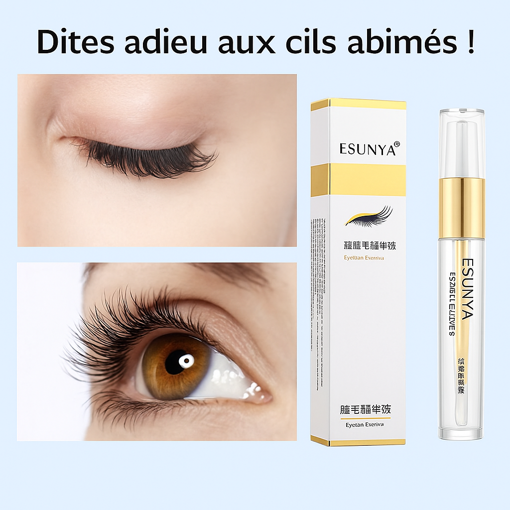 Sérum ESUNYA pour réparer les cils abîmés, avec photos avant/après montrant des cils plus longs et un flacon doré transparent