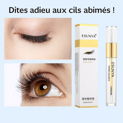 Sérum ESUNYA pour réparer les cils abîmés, avec photos avant/après montrant des cils plus longs et un flacon doré transparent