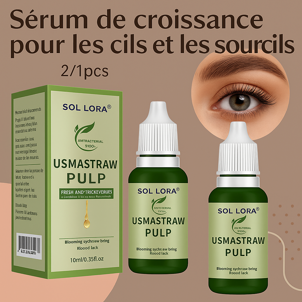 Sérum de croissance Usmastraw Pulp Sol Lora pour cils et sourcils, présenté avec sa boîte et deux flacons sur fond beige
