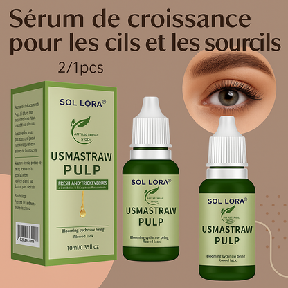 Sérum de croissance Usmastraw Pulp Sol Lora pour cils et sourcils, présenté avec sa boîte et deux flacons sur fond beige