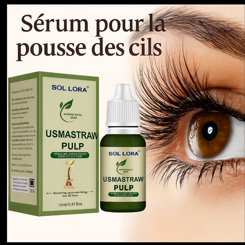 Sérum Usma Sol Lora pour la pousse des cils, présenté avec son flacon vert et un gros plan sur des cils longs et volumineux