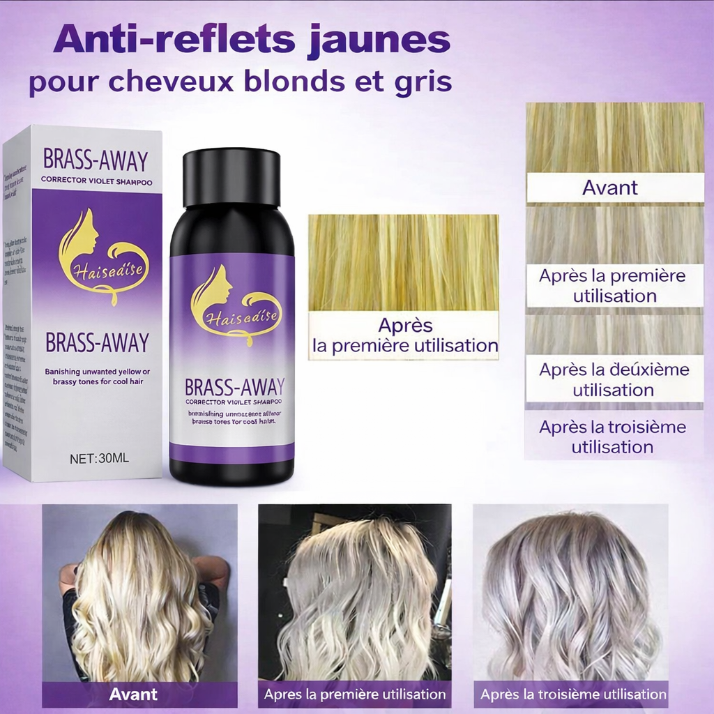 Présentation du shampooing violet anti-reflets jaunes avec résultats avant et après sur cheveux blonds et gris