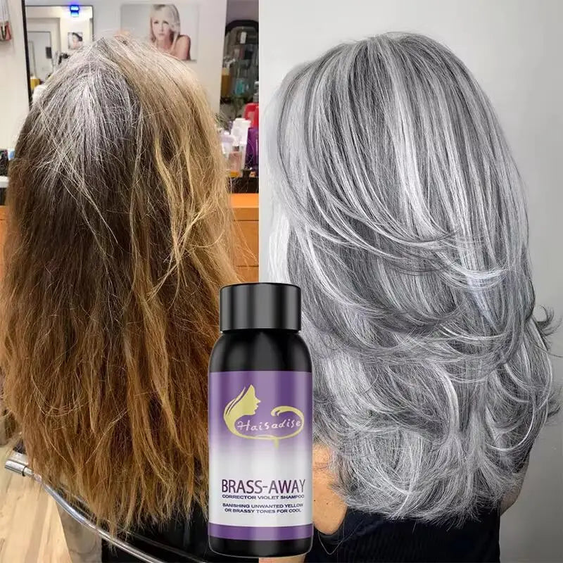Avant et après utilisation du shampooing violet anti-reflets jaunes sur cheveux gris et blonds