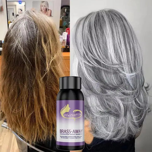 Avant et après utilisation du shampooing violet anti-reflets jaunes sur cheveux gris et blonds