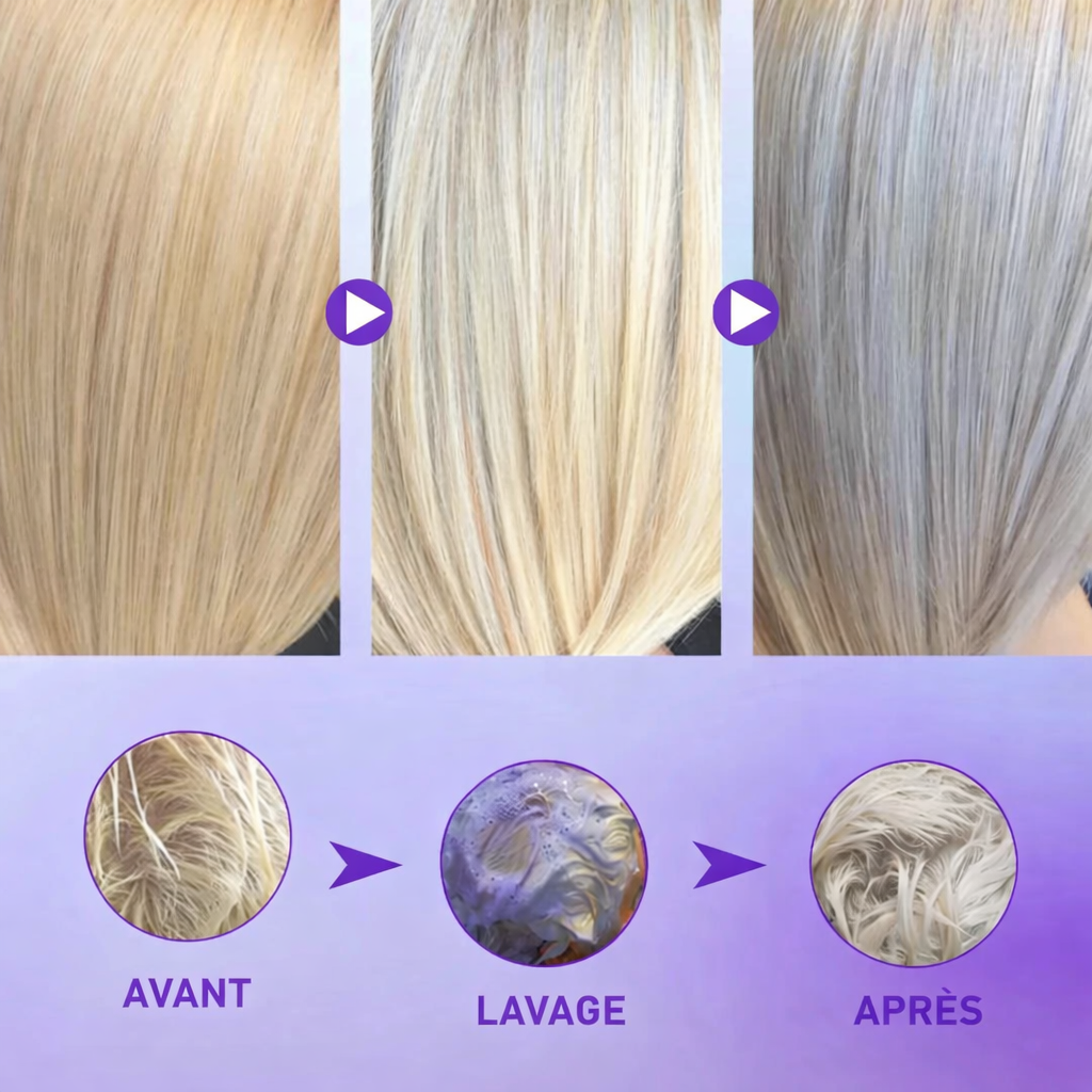 Résultat avant, pendant le lavage et après utilisation d’un shampooing violet sur cheveux blonds