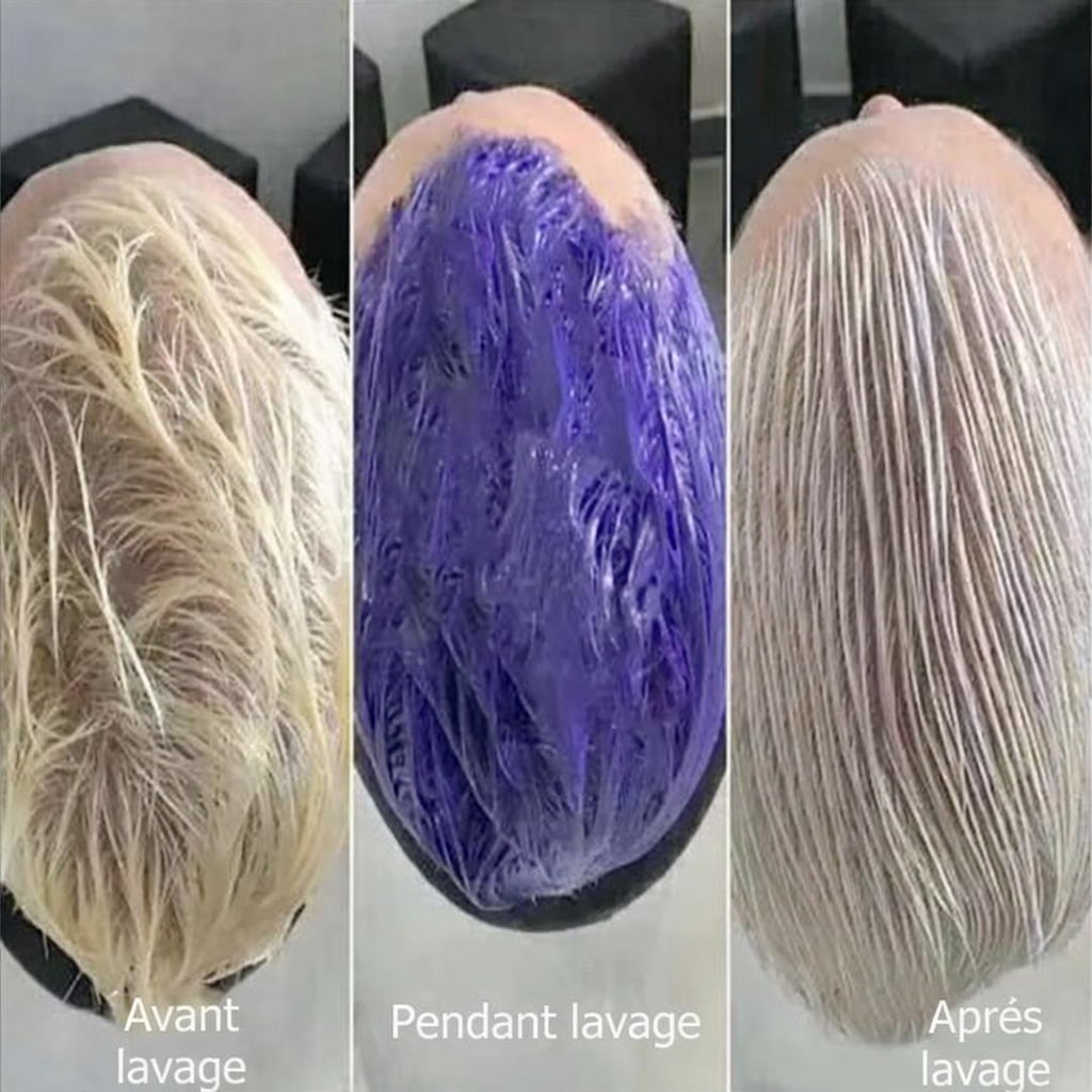 Avant, pendant et après lavage avec un shampooing violet correcteur sur cheveux blonds et gris