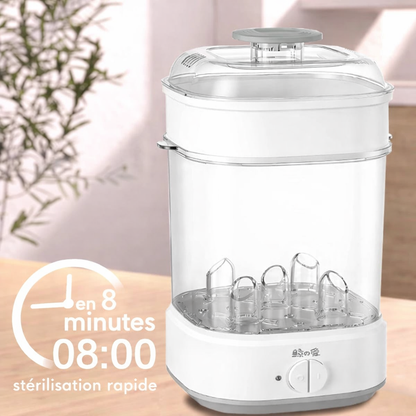 Stérilisateur vapeur électrique pour biberons bébé avec minuteur, stérilisation rapide en 8 minutes, format compact