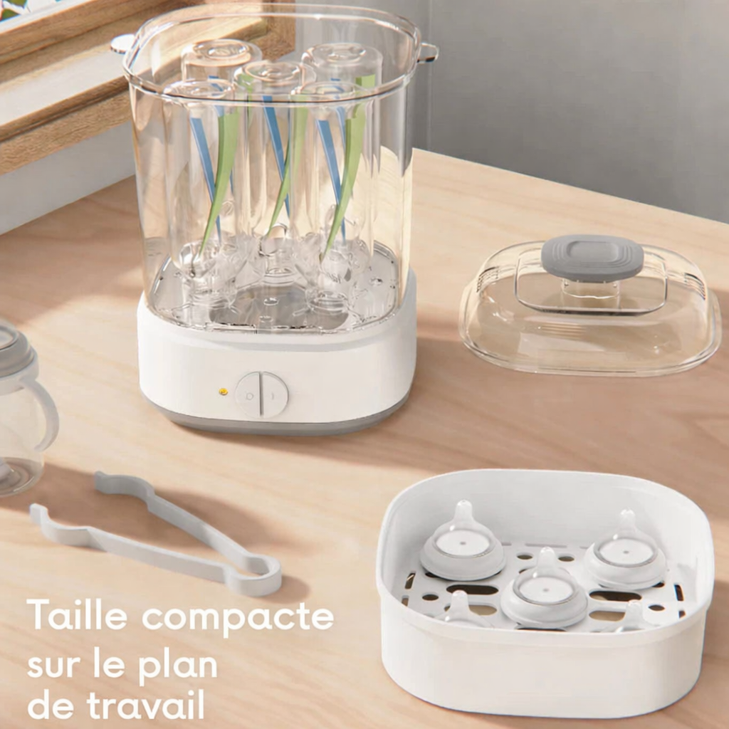Stérilisateur vapeur électrique pour biberons bébé avec accessoires, format compact sur plan de travail