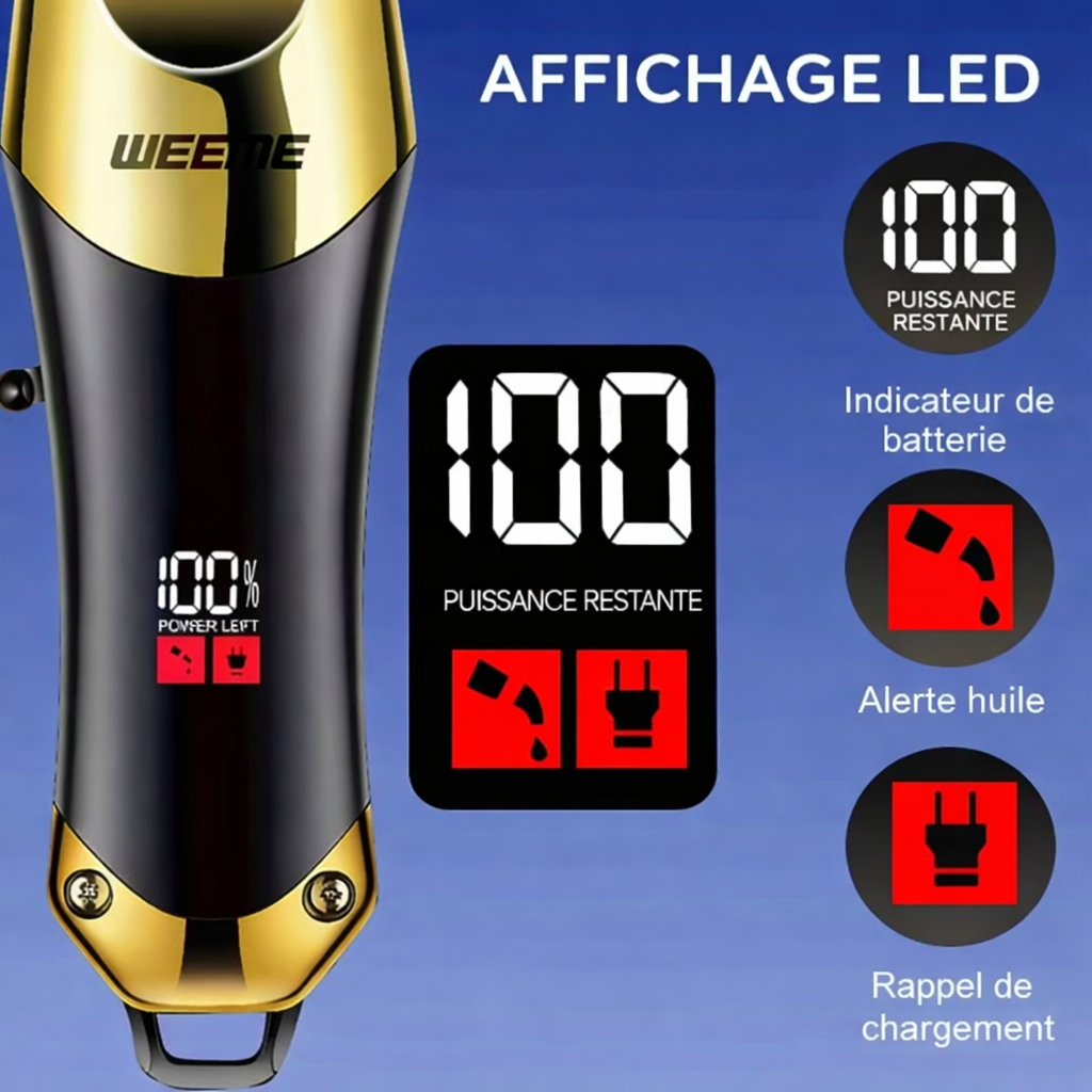 Affichage LED tondeuse homme T9 Vintage avec indicateur de batterie, alerte huile et rappel de chargement