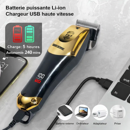 Tondeuse homme T9 Vintage rechargeable avec batterie Li-ion, affichage LED et charge USB rapide – autonomie longue durée