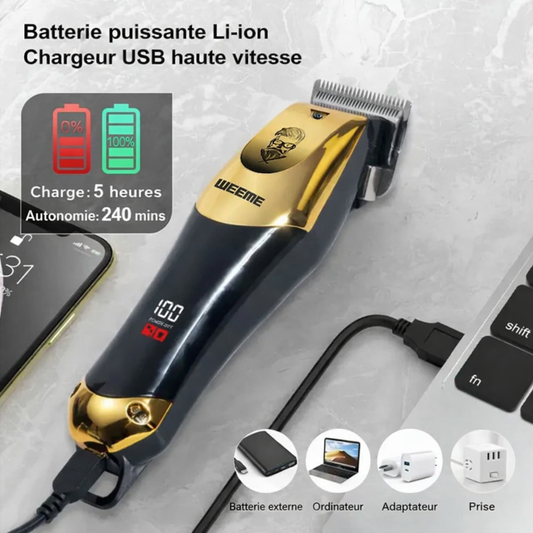 Tondeuse homme T9 Vintage rechargeable avec batterie Li-ion, affichage LED et charge USB rapide – autonomie longue durée