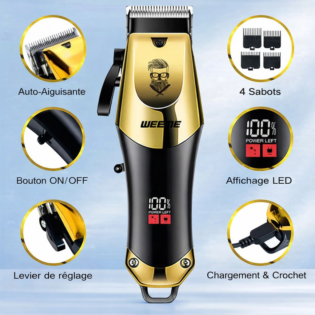 Tondeuse homme T9 Vintage avec 4 sabots, levier de réglage, lame auto-aiguisante et affichage LED – rechargeable USB