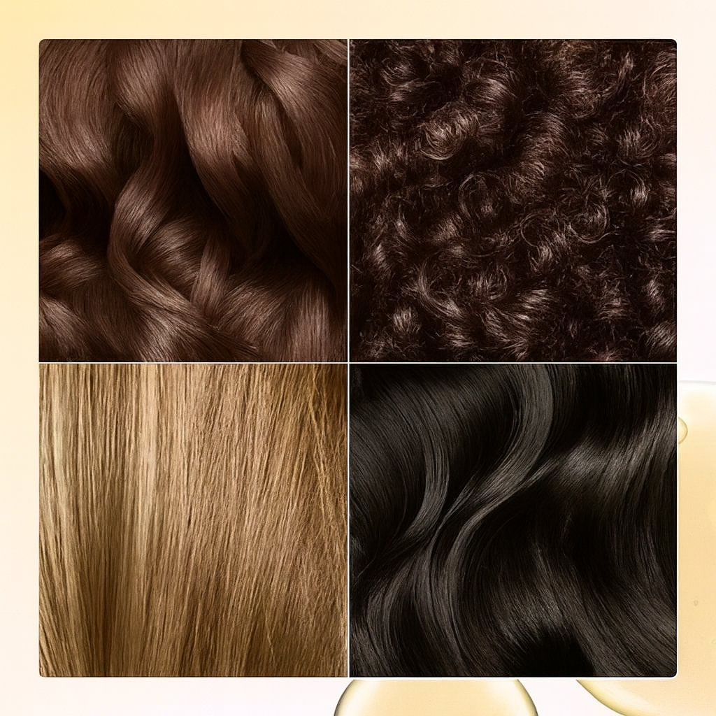 Montage de quatre types de textures capillaires : cheveux ondulés, bouclés, lisses blonds et lisses noirs