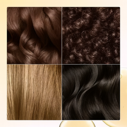 Montage de quatre types de textures capillaires : cheveux ondulés, bouclés, lisses blonds et lisses noirs