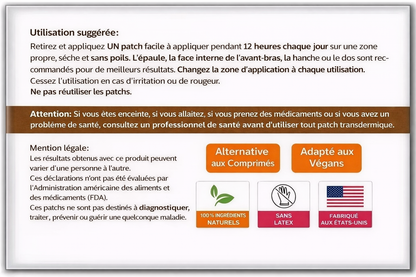 Instructions d’utilisation, précautions et informations légales pour patchs transdermiques